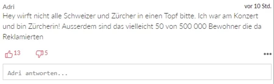 Diese Zürcherin bittet darum, dass wegen einiger weniger Lärmklagen nicht gleich alle Zürcher oder Schweizer in den gleichen Topf geworfen werden sollen.