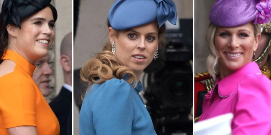 Prinzessin Eugenie, Prinzessin Beatrice und Zara Tindall (v.l.) in farbenfrohen Outfits beim Jubiläumsgottesdienst.