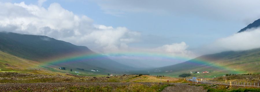 Regenboge Berge Landschaft Wolken grün