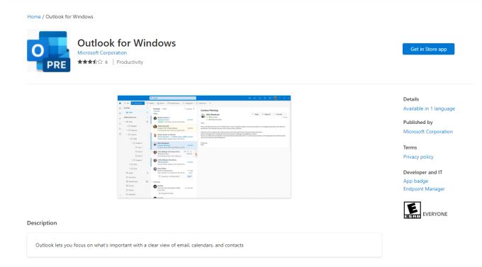 Die Seite von Outlook for Windows im Microsoft Store. Microsoft Outlook