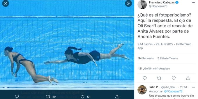 Anita Alvarez treibt bewusstlos unter Wasser, Trainerin Andrea Fuentes rettet sie. Anita Alvarez
