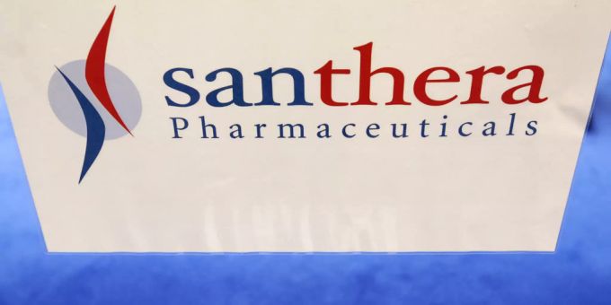 Das Logo der Santhera Pharmaceuticals Holding. santhera wandelanleihe