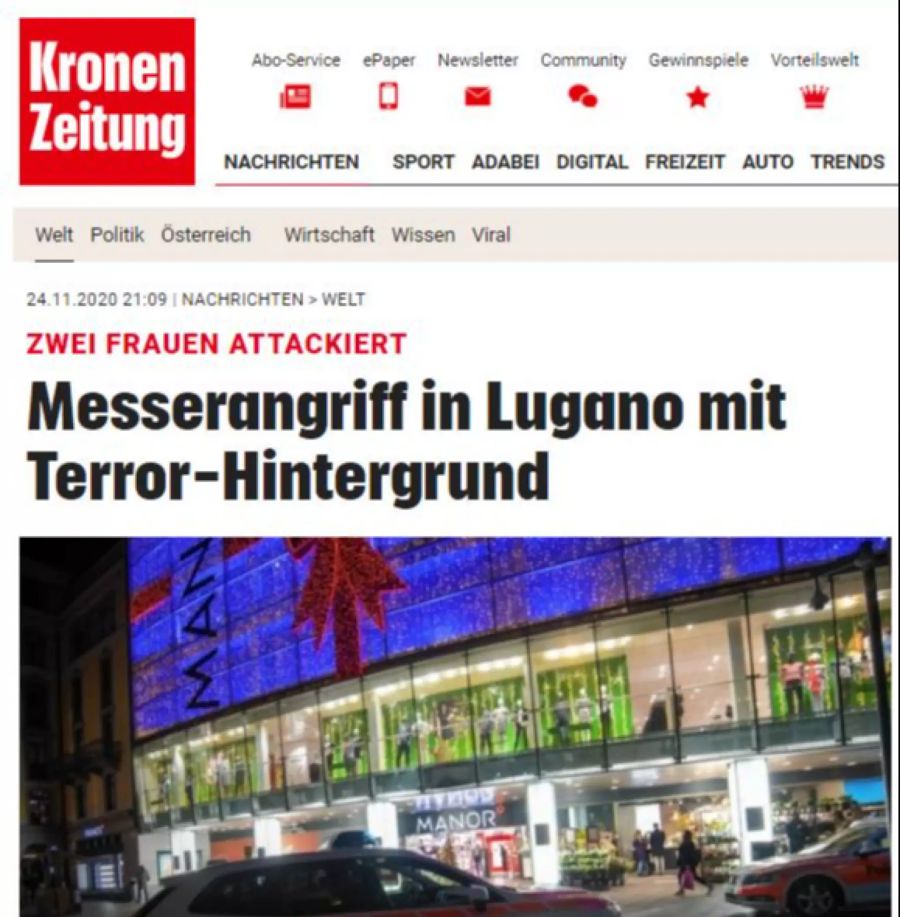 So berichtete die «Kronen Zeitung» über den Angriff in Lugano.