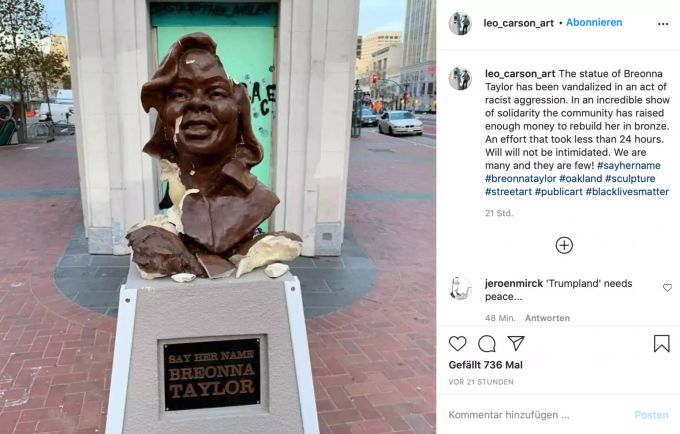 Die zerstörte Statue. Breonna Taylor Statue