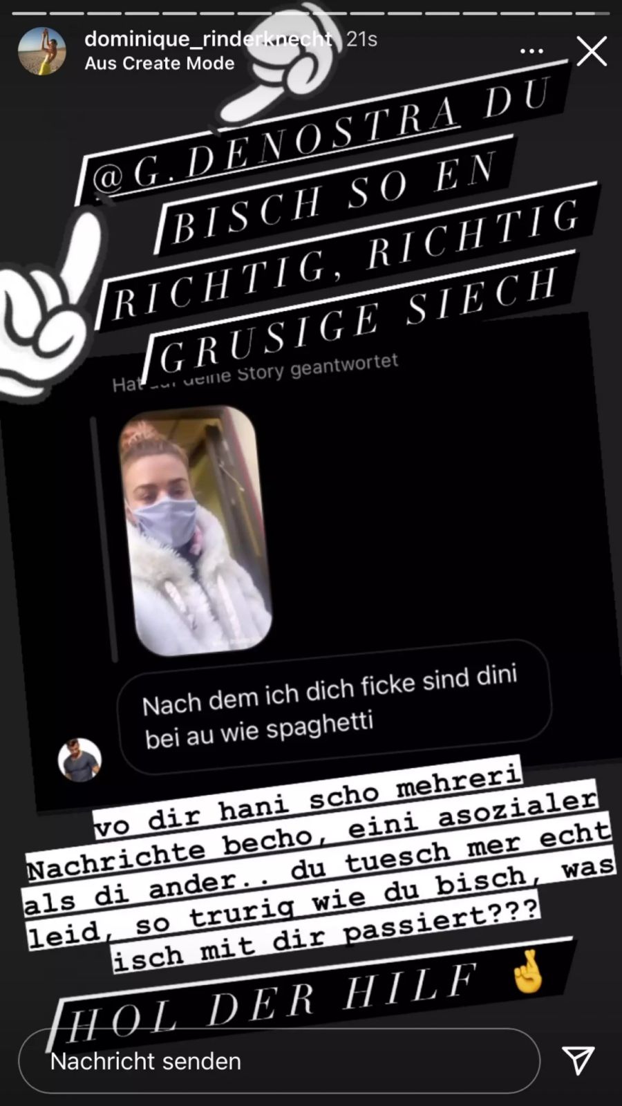 Einfach nur grusig, was Dominique Rinderknecht für Nachrichten kriegt.