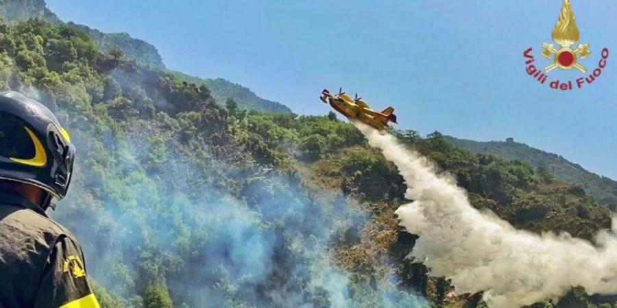 HANDOUT - Ein Löschflugzeug ist in der Region Kalabrien im Einsatz. Foto: Vigili del Fuoco/dpa - ACHTUNG: Nur zur redaktionellen Verwendung im Zusammenhang mit der aktuellen Berichterstattung und nur mit vollständiger Nennung des vorstehenden Credits