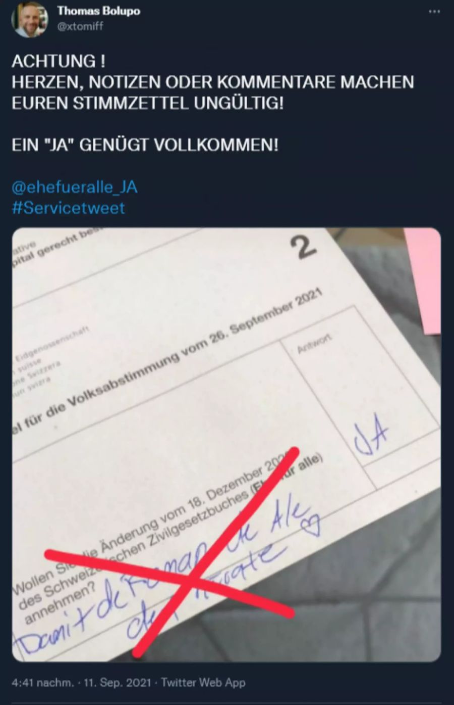 Bund und Kantone raten davon ab, Kommentare auf die Stimmzettel zu schreiben.