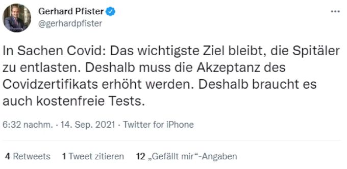 Mitte-Präsident Gerhard Pfister ist für kostenfreie Tests. coronavirus