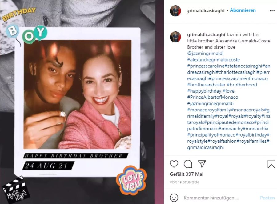 Jazmin Grimaldi gratuliert ihrem Halbbruder zum Geburi.