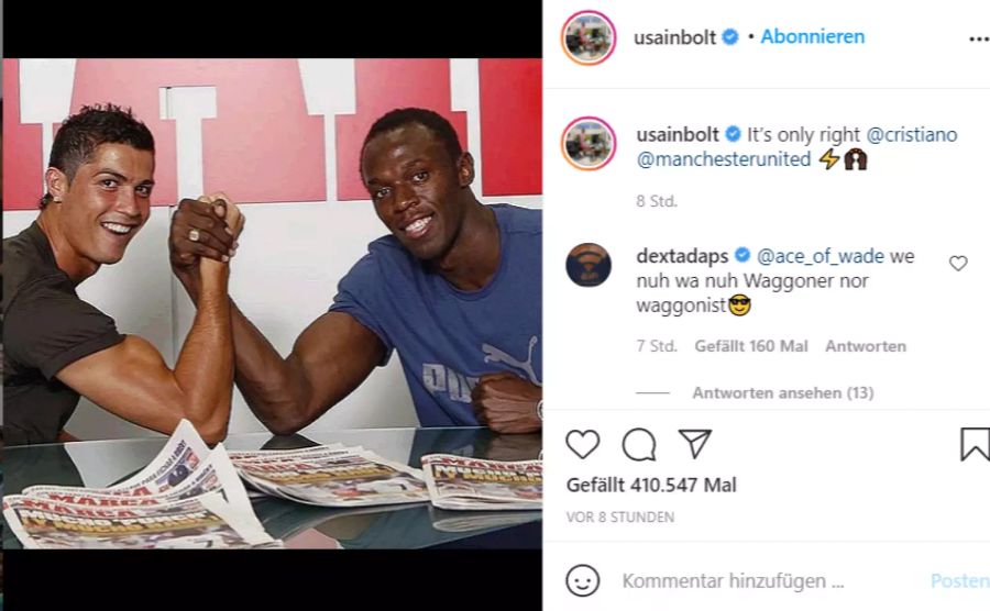 Auch Edel-Fan Usain Bolt freut sich auf Ronaldo.