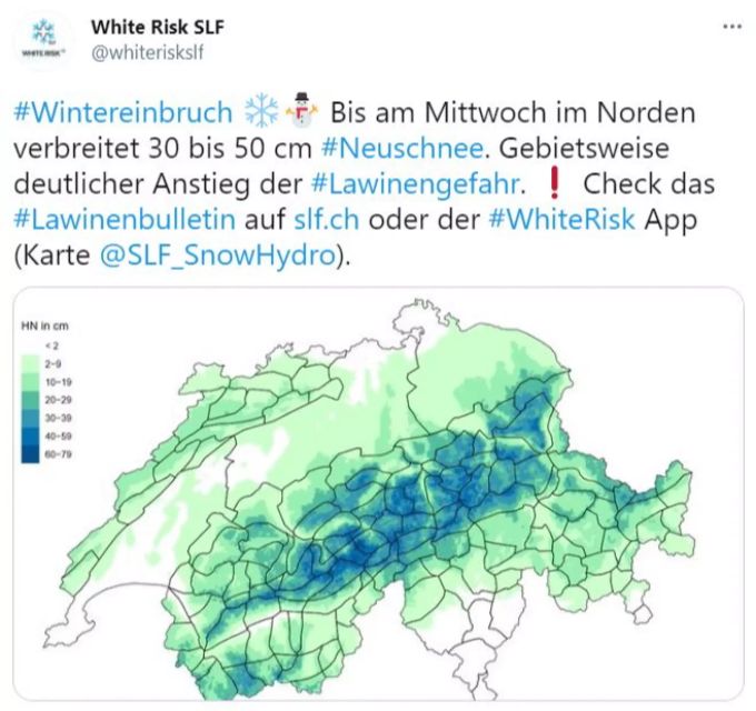 Das WSL-Institut für Schnee- und Lawinenforschung (SLF) warnte am Montag, dass bis Mittwoch fast in der ganzen Schweiz mit viel Schnee gerechnet werden muss. Schnee Wetter Ulli Schweiz