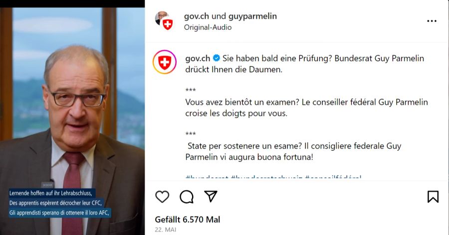 Wirtschaftsminister Guy Parmelin denkt an uns, vor allem, wenn wir eine Prüfung haben. Es ist alles eine Frage der Konzentration. Schauen Sie in meine Augen!