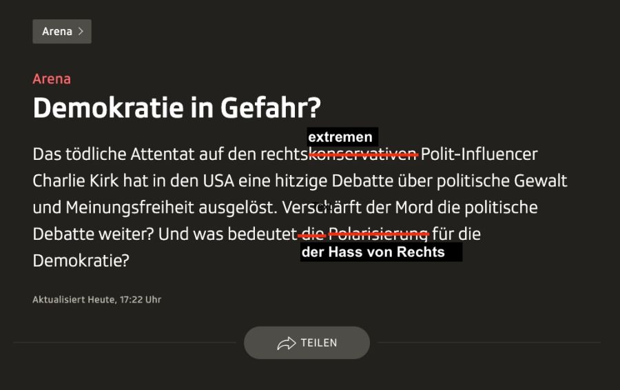 «Rechtskonservativ» korrigierte er auf «rechtsextrem» und «Polarisierung» auf «Hass von rechts».