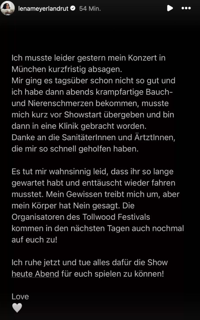 Lena Meyer-Landrut entschuldigt sich in einer Story bei ihren Fans. lena meyer landrut konzertabsage