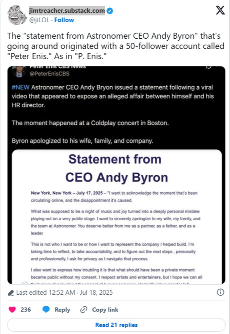 Angeblich soll alles gefälscht sein: Das Statement von CEO Andy Byron zu seiner vermeintlichen Affäre mit seiner HR-Chefin Kristin Cabot. (Screenshot X/@@jtLOL)