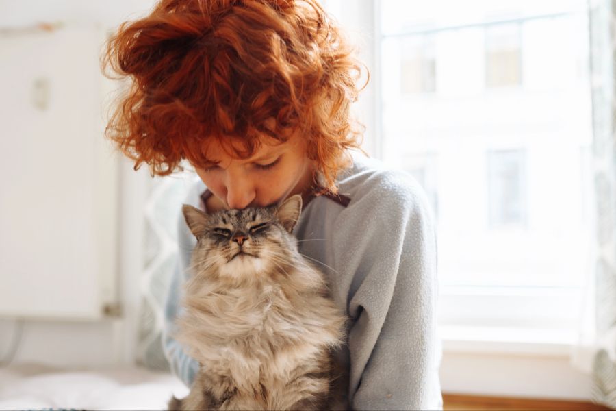 Frau gibt Katze Kuss auf den Kopf