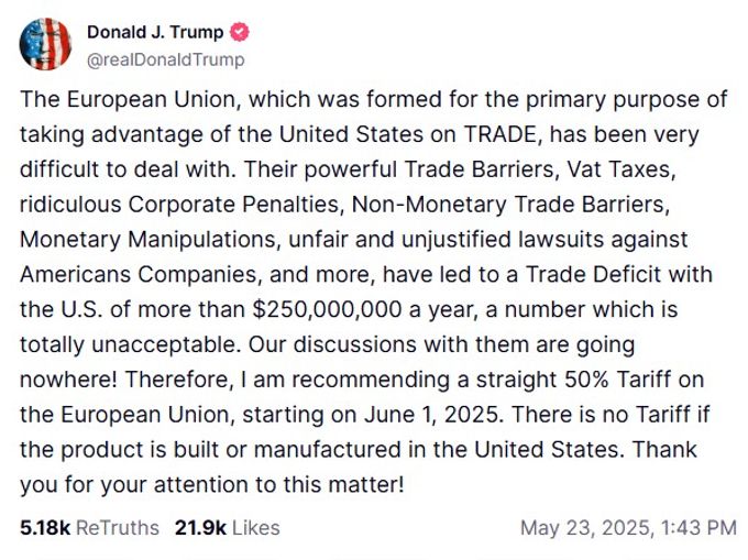 Donald Trump macht der EU schwere Vorwürfe. Der Dax reagiert empfindlich auf die neuerlichen Zolldrohungen des US-Präsidenten. Trump Posting Zölle Dax