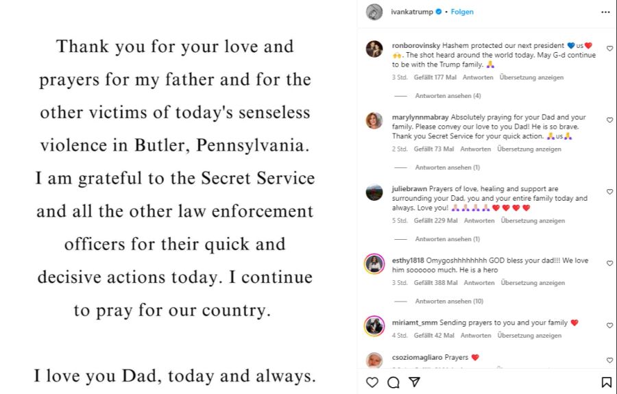 Ivanka Trump meldet sich nach dem Attentat auf Donald Trump auf Instagram zu Wort.