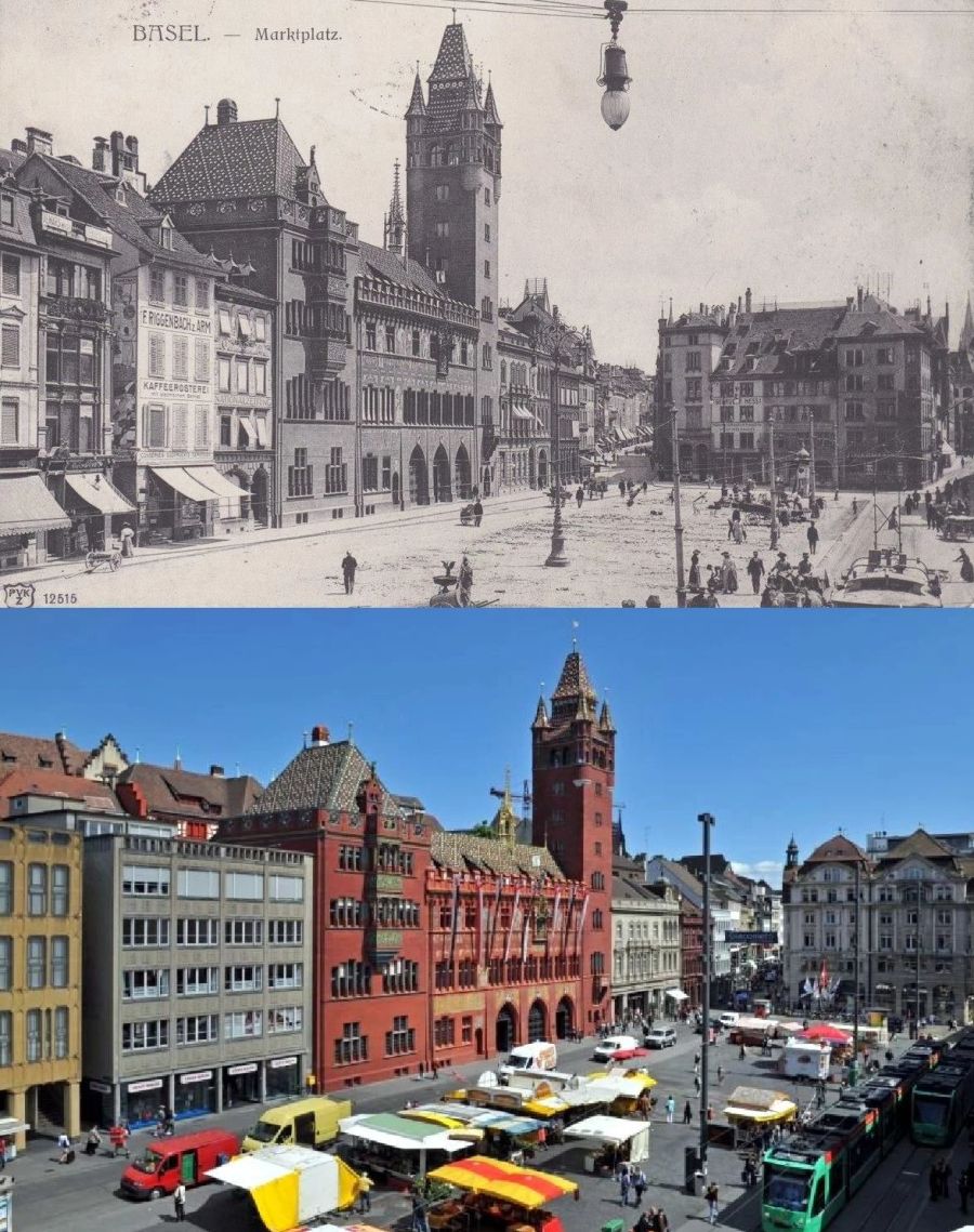 Hier ein paar Vergleiche aus der Schweiz. Oben: So sah der Marktplatz in Basel 1904 aus, unten im Jahr 2015.