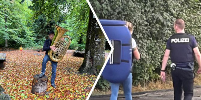 Konzertende: Die Kantonspolizistin trägt das 13 Kilo schwere Instrument weg - ihr Kollege bietet Geleitschutz.