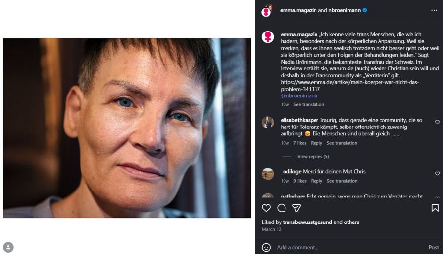 Auch in deutschen Medien ein Thema: Das «Emma»-Magazin porträtierte Brönimann – und zitierte ihn mit dem Vorwurf, in der Trans-Community als «Verräterin» zu gelten.