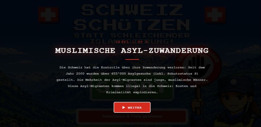 Im Game wird von «muslimischer Asyl-Zuwanderung» gesprochen. Die EKR hält die verbreitete Botschaft für rassistisch.