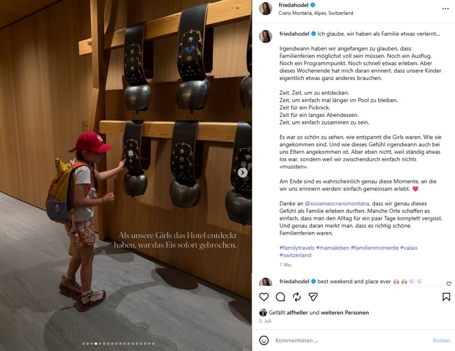 In ihrem Post mit ihrem Kind dankt sie ausdrücklich dem Hotel «sixsencecransmontana» für den Aufenthalt.