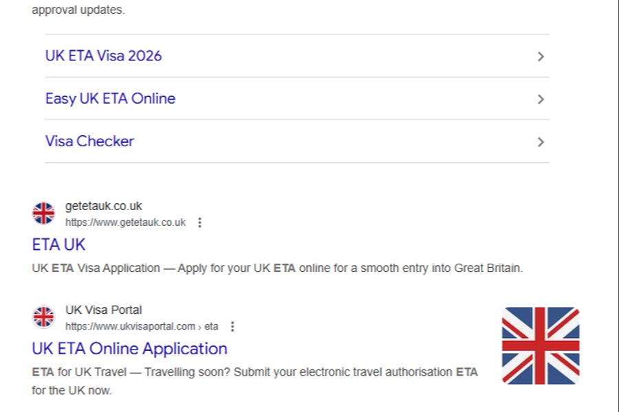 Bei der Google-Suche erscheint die Fake-Website noch vor der offiziellen ETA-Website.