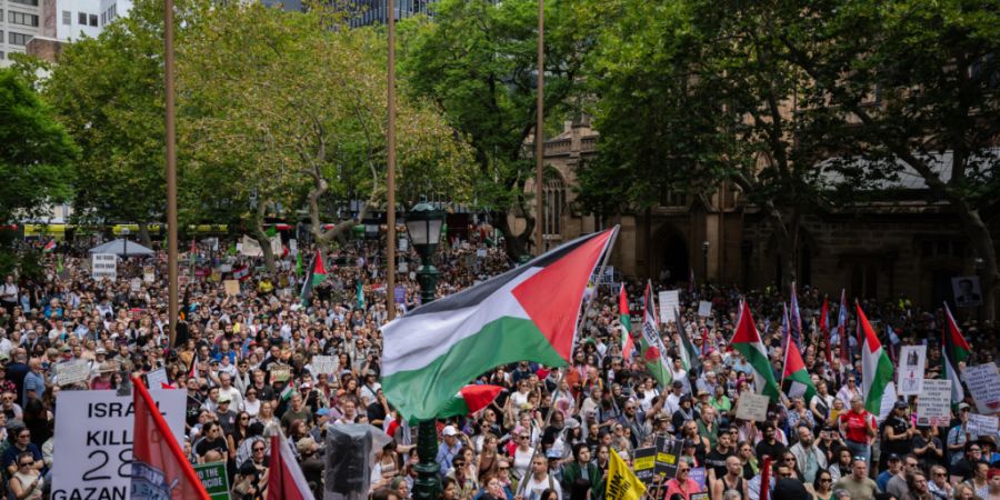 Pro-Palästina-Demonstranten bei einer Demonstration vor dem Rathaus von Sydney. Die Menschen protestieren gegen den Besuch des israelischen Präsidenten Herzog in Australien. Foto: Fla...