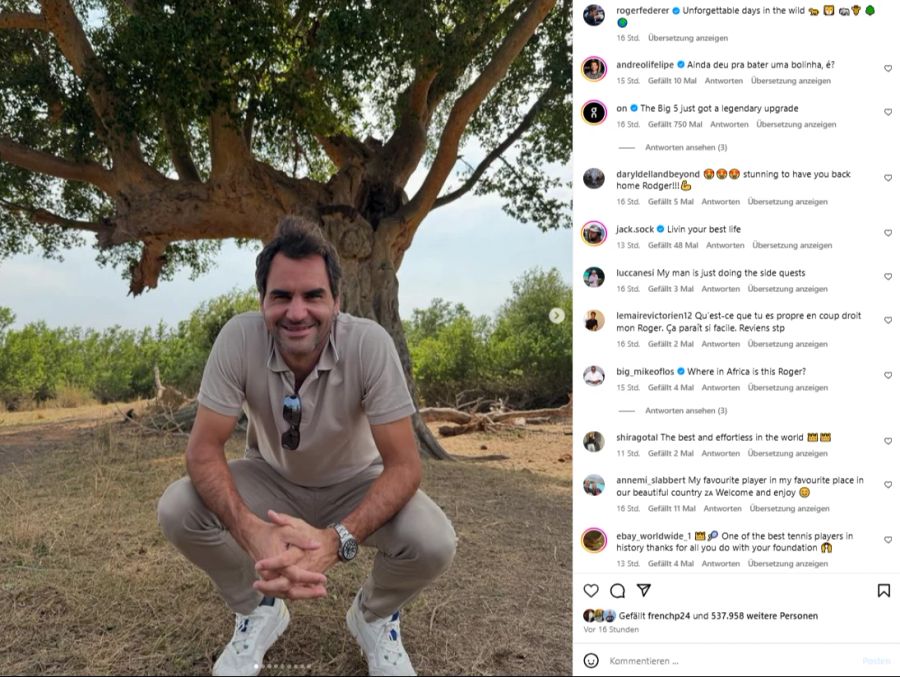 Roger Federer grüsst seine Fans auf Instagram von einer Safari.