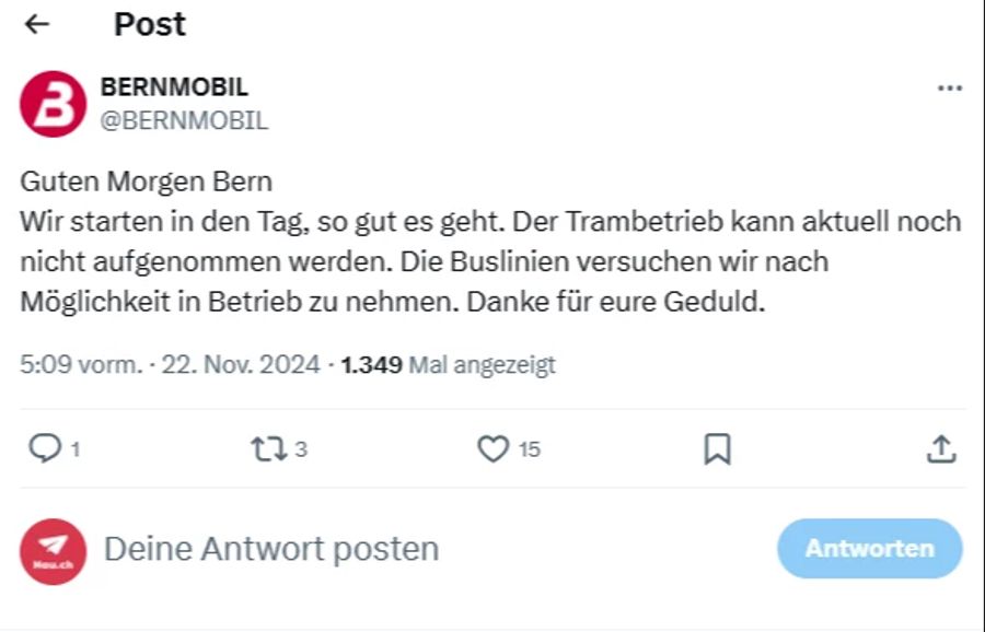 Bernmobil versuchte am Freitagmorgen zunächst, den Busbetrieb wieder aufzunehmen.