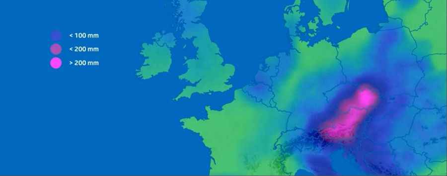 Im Lila markierten Bereich kann mehr als 200 Millimeter Regen fallen. Besonders betroffen ist das Grenzgebiet zwischen Tschechien und Polen.