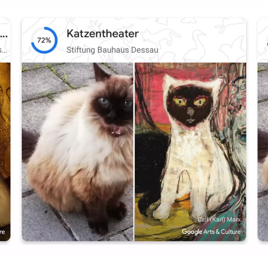 Eine der besser gelungenen Bild-Abgleiche. Diese Katze (links im Bild) veranstaltet aber – anders, als dass es der Titel des vergleichbaren Kunstwerks suggeriert – nur selten ein Theater.