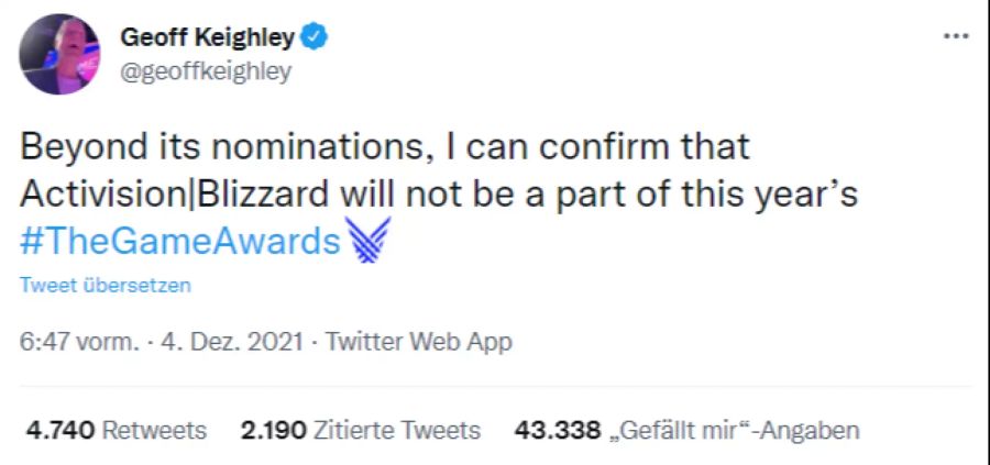 Twitterpost des «The Game Awards» Chef Geoff Keighley.