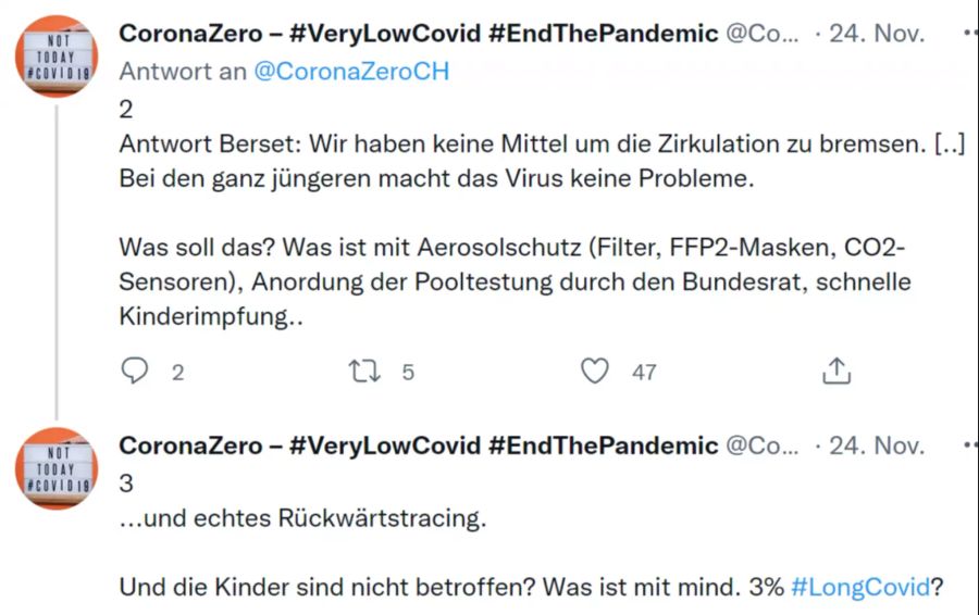 Twitter-User @CoronaZeroZH listet auf, was Bundesrat Alain Berset seiner Ansicht nach auslässt.