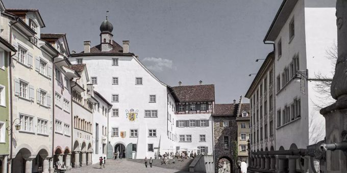 Visualisierung Hofplatz mit Freitreppe. Visualisierung Hofplatz