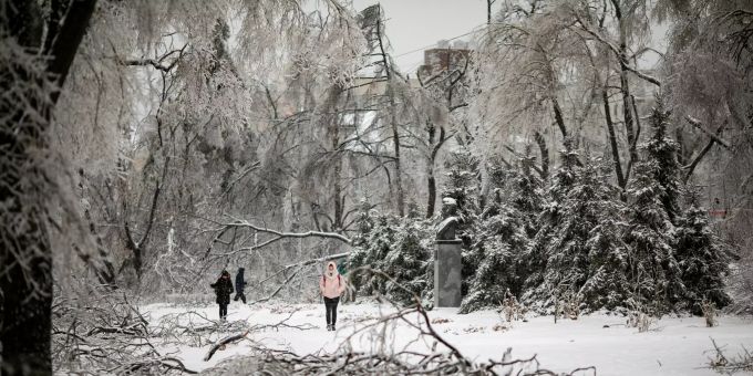 Menschen laufen in Waldiwostok nach einem eisigen und schneereichen Wirbelsturm zwischen umgestürzten, mit Eis bedeckten Baumästen. Nach Wirbelsturm in Russland
