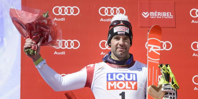 Didier Défago wird an seinem letzten Rennen in Meribel FR am 18. März 2015 Zweiter. Didier Défago Alain Berset