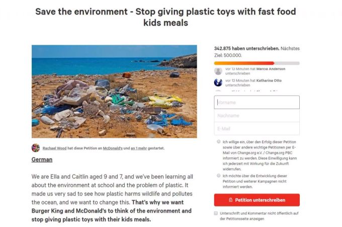 Wegen der Umweltverschmutzung durch Plastik setzen sich Ella und Caitlin McEwan dafür ein, dass im Happy Meal künftig kein Plastikspielzeug mehr mitgegeben wird. Happy Meal