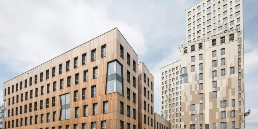 Das neue «Hoho Wien», ein Hochhaus das vom ersten Stock an aufwärts zu 75 Prozent aus Holzteilen besteht. Foto: Michael Baumgartner/Kito Photography
