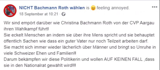Auf Facebook und Twitter erklärt der Account «Nicht Bachmann-Roth wählen», warum man sich gegen die CVP Politikerin stellt. CVP Bachmann Roth Troll