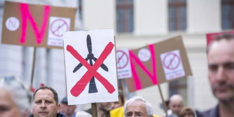 Mehrere hundert Einwohner protestieren in Schwerin gegen den weiteren Ausbau der Windkraft. Foto: Jens Büttner/Archiv