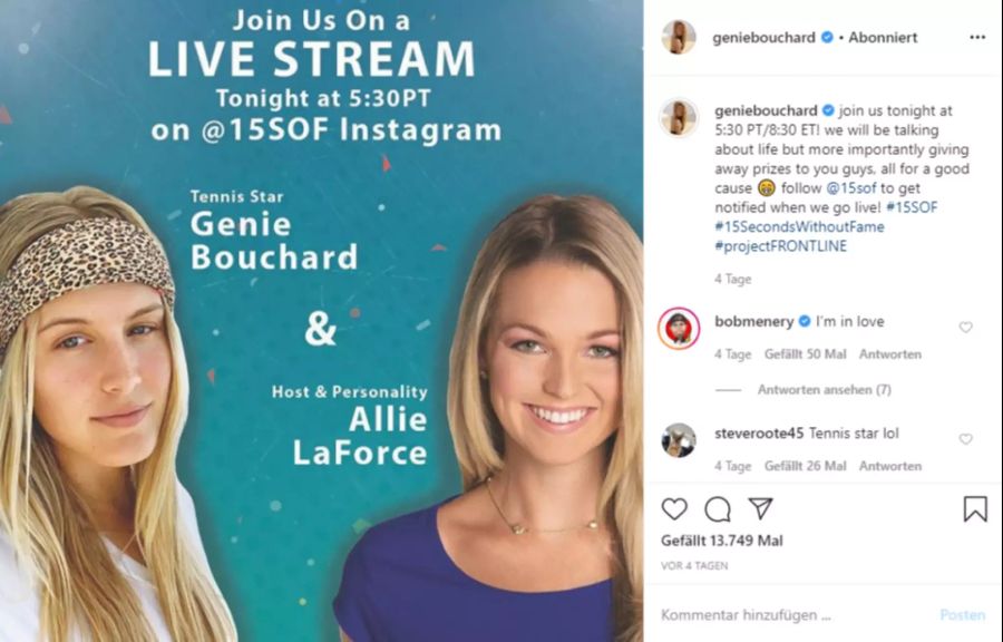 Genie Bouchard kündigt auf Instagram ihr Gespräch mit der Sportjournalistin Allie LaForce an. Komiker Bob Menery kommentiert: «Ich bin verliebt.»