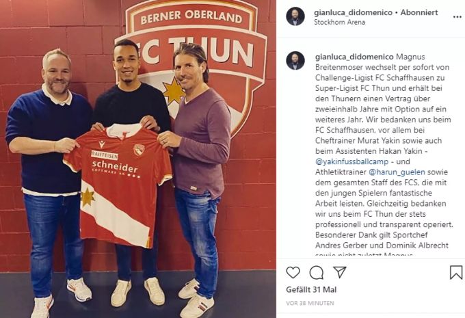 Magnus Breitenmoser mit Andres Gerber und Berater Gianluca Di Domenico. FC Thun