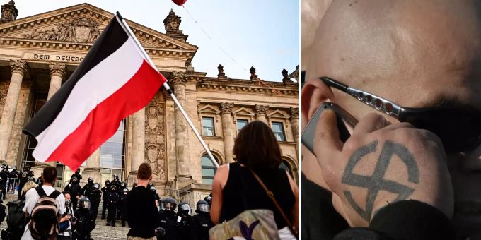 An den Demonstrationen der Corona-Skeptiker tauchen immer wieder Reichsflaggen und Hakenkreuze auf. Anti Coronavirus