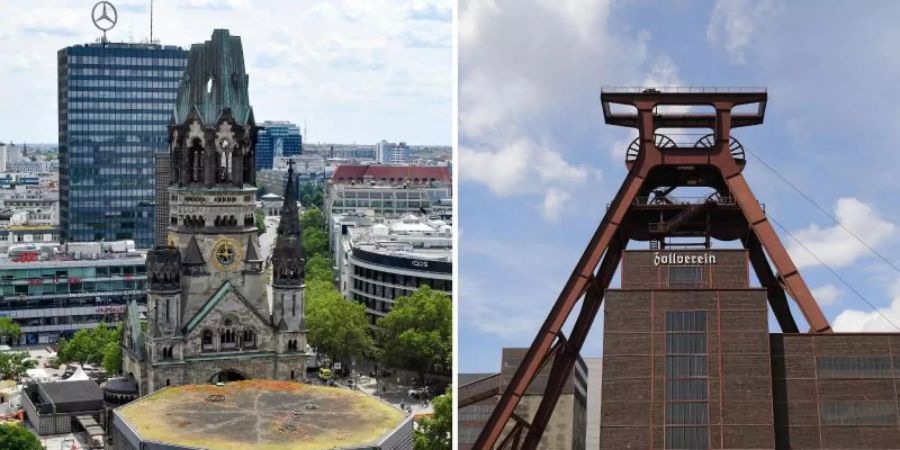 Die Berliner Gedächtniskirche auf dem Breitscheidplatz und der Förderturm der Zeche Zollverein. Foto: Oliver Berg/Paul Zinken/dpa