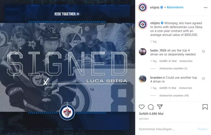 Die Winnipeg Jets verpflichten Verteidiger Luca Sbisa für ein weiteres Jahr. Winnipeg Jets