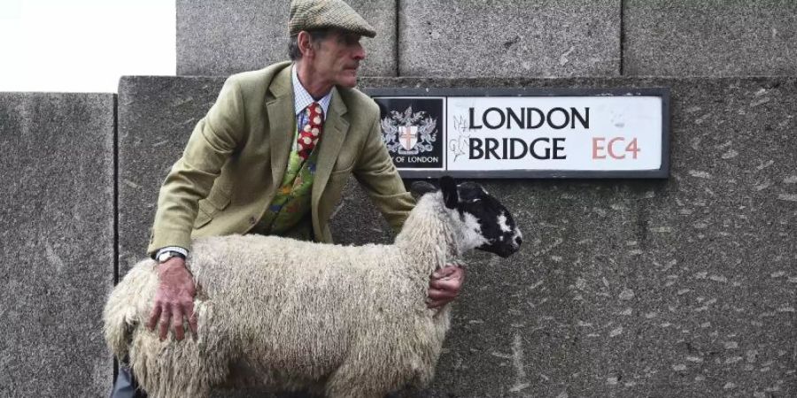 Ein Freeman mit Schaf auf der London Bridge. Foto: Kirsty O'connor/PA