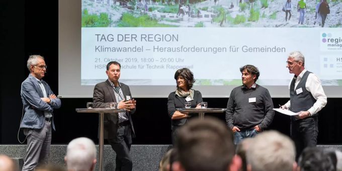 Diskutierten am Tag der Region die Herausforderungen des Klimawandels (von links): Thomas Oesch, Mark Krieger, Corinne Schmidlin, Thomas Baumann und Peter Göldi. Tag der Region