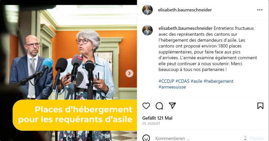 Justizministerin Elisabeth Baume-Schneider kümmert sich weniger um Instagram, aber wenn sie es tut, dann zugunsten des Asylwesens.